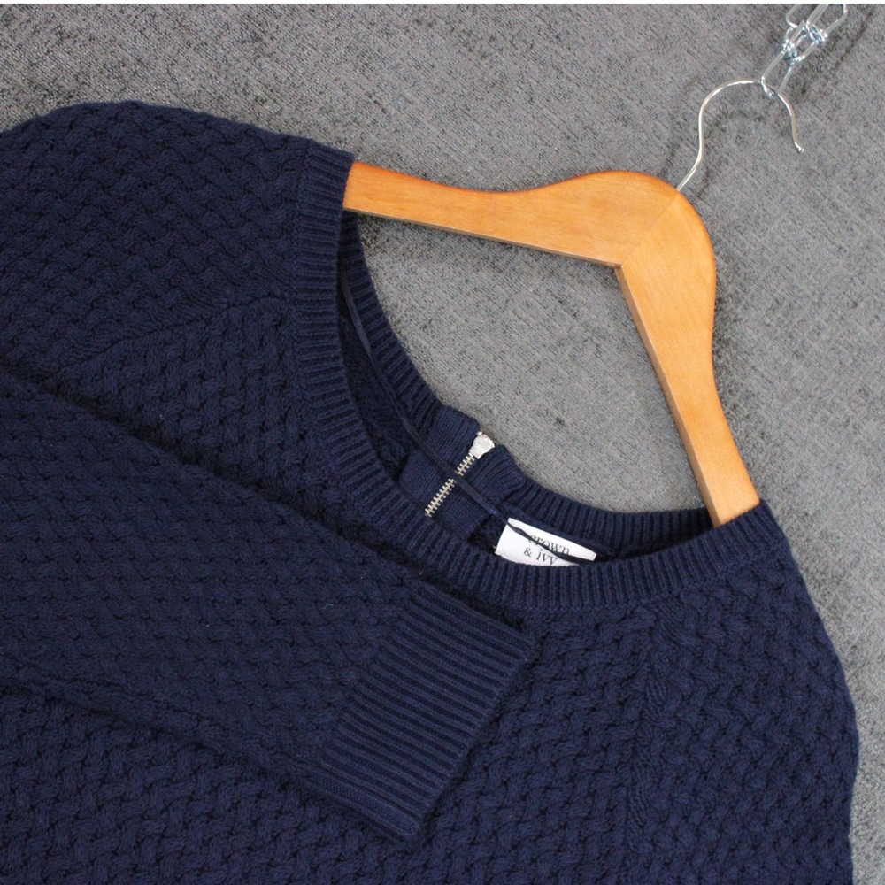 Crown & Ivy Navy Blue Basketweave Knit Back Zip Sweater Large NEW